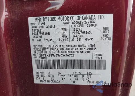 1998 Ford F-150 Lariat/Standard/Xl/Xlt из США, поврежденный, VIN 2FTZX18W5WCA56728